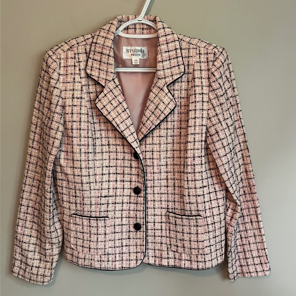 Studio I Petite Pink Black Tweed Blazer Jacket 12P 3-Button Notched Lapel Lined